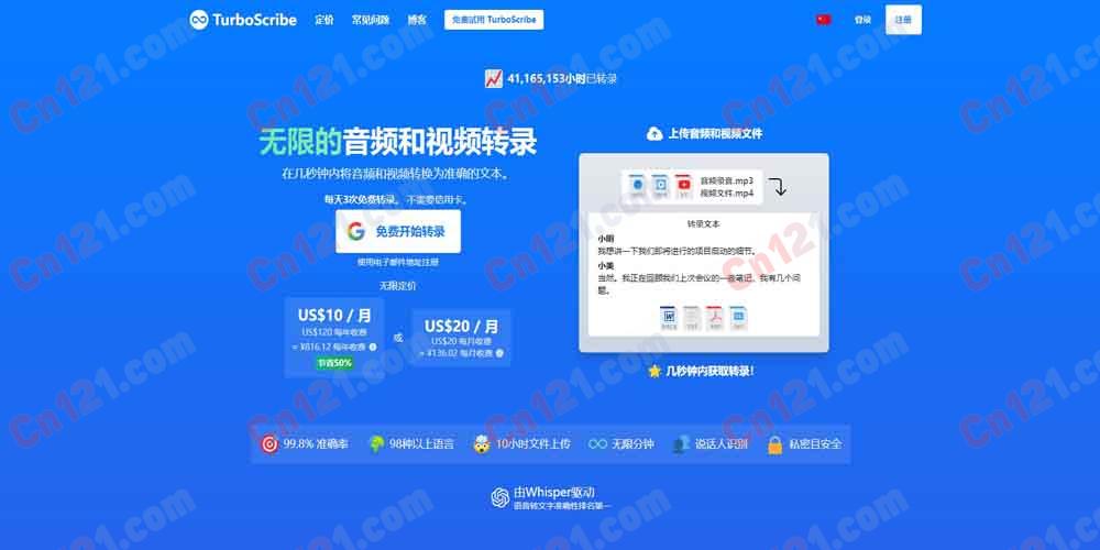 ⚡ TurboScribe｜AI 音视频转文字工具 99.8% 准确率·98+ 语言·说话人识别·Whisper 技术·无限时长 免费试用/订阅制计费