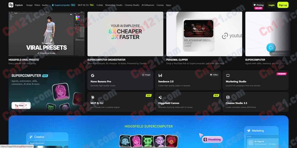 🎬 Higgsfield AI｜AI 视频与图像生成基础设施平台｜30+ 模型+Sora 2+Kling 3.0+Veo 3.1+Supercomputer Agent+40+ 创意工具 日 450 万视频生成 免费试用/订阅制