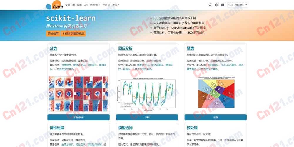 🧩 scikit-learn｜Python 机器学习库｜分类/回归/聚类/降维/模型选择/预处理+统一 API+NumPy/SciPy 底座+BSD 许可 完全开源免费（BSD）